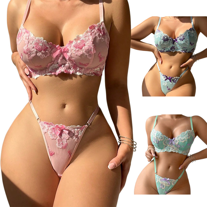 Embroidery Underwear - Conjunto de Lingerie Sexy com Bordado