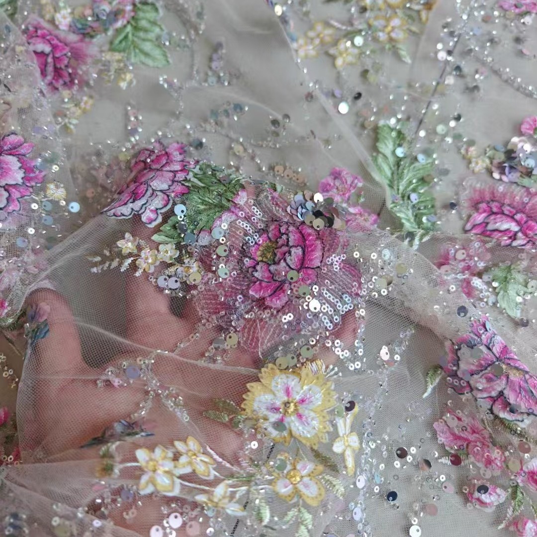 Embroidery Underlay - Tecido de Renda Luxuosa com Contas