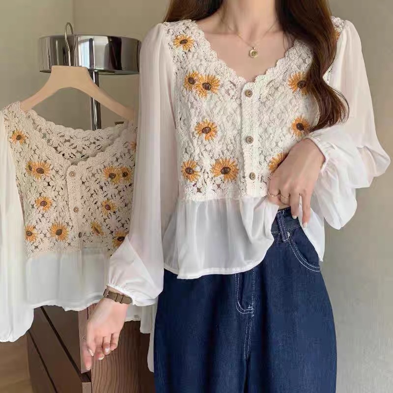Top de crochê chiffon flor bor - Embroidery Daisy avaliação e preço